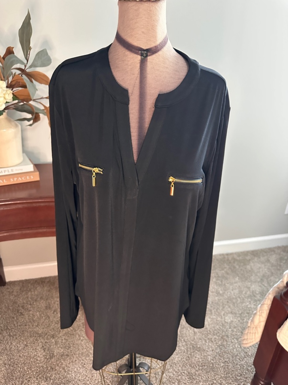 INC International Concepts Black Top with Crew Neck